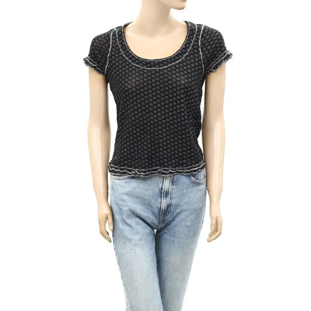 Free People Garner Tee Blouse Top Floral Print Ruffle Short Sleeve - Picture 4 of 7
